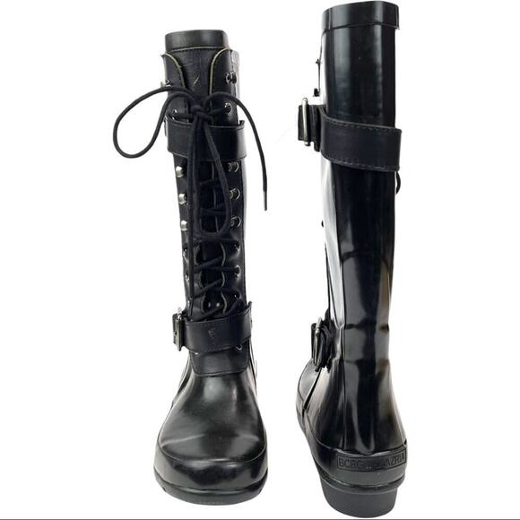BCBGMAXAZRIA Women's Black Willis Lace Up Rubber Boots Leather Straps Size 6 - Picture 11 of 16